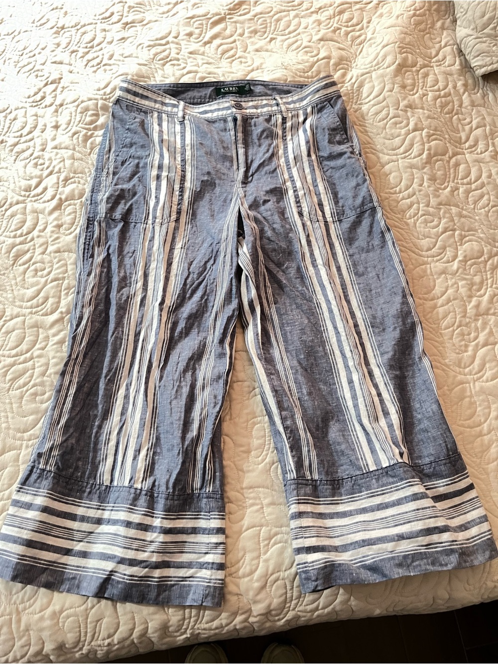 Lauren Ralph Lauren Navy and White Striped  Cropped Wide-Leg Pants Size 10